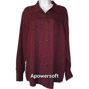 Wine Silk Jacquard Button-Up Blouse